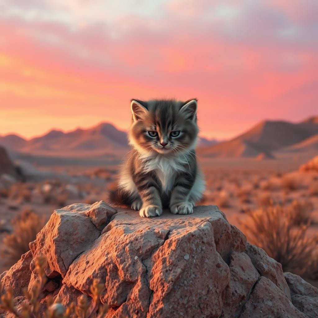 Regal Kitten Basks in Desert Sunset Glory