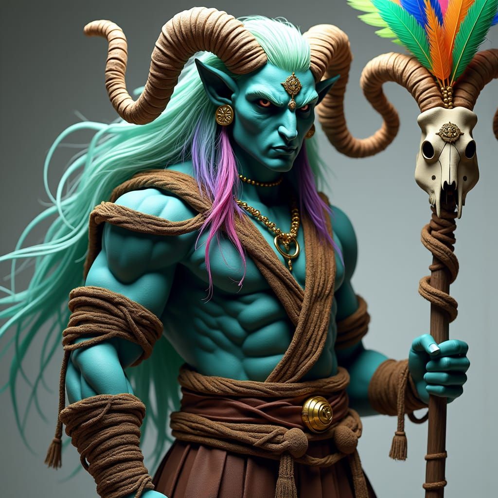 Aqua Tiefling with Druidic Clothing and Ram Skull Staff