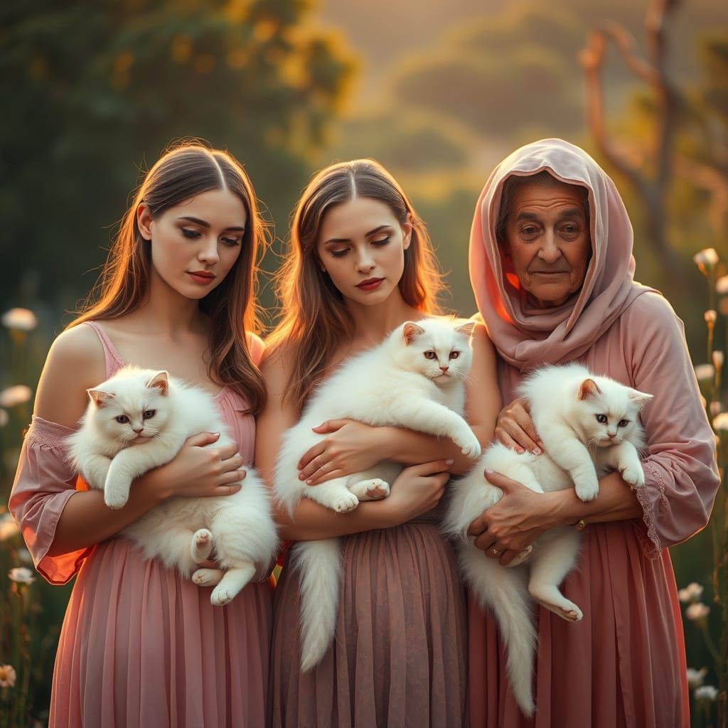 Three Women Enchant with Luminous White Cats in a Dreamy Lan...