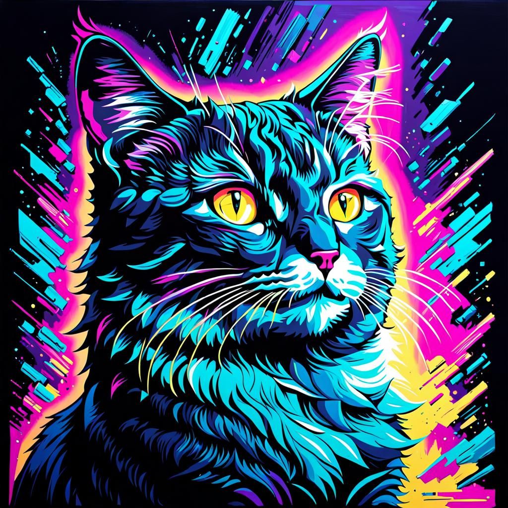 Hypomanic Cat: Impasto Blacklight Painting in 80s Style