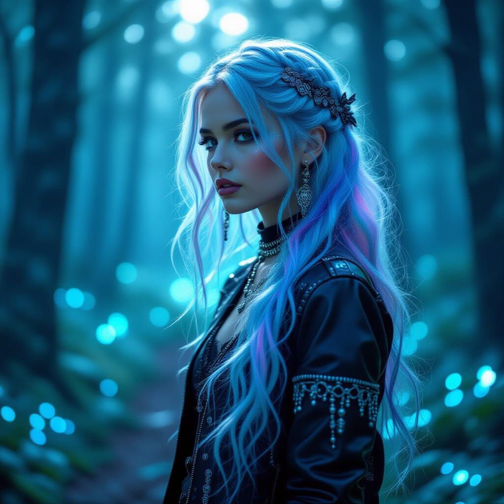 Iridescent Woman in Bioluminescent Forest, Fine Art Photogra...