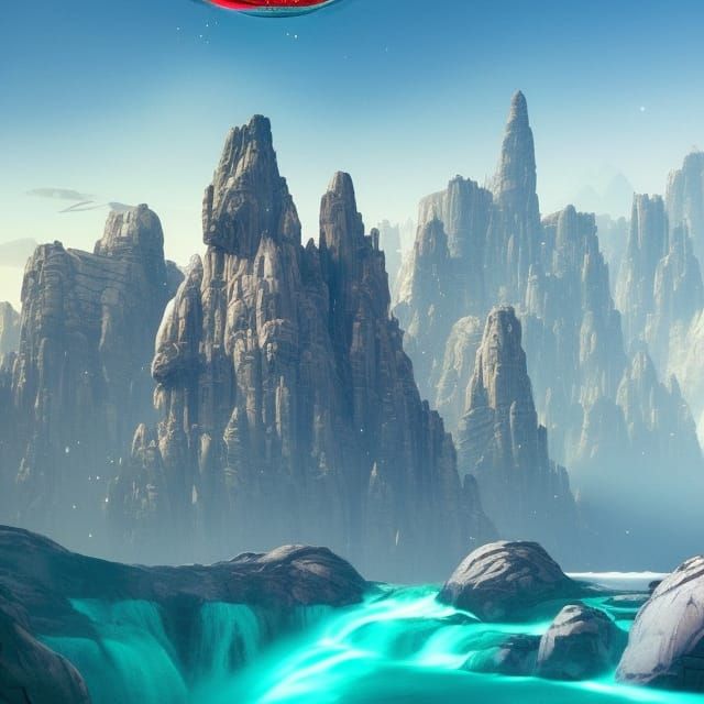 Futuristic Sci-fi mountains and waterfalls by WLOP beeple Gr...