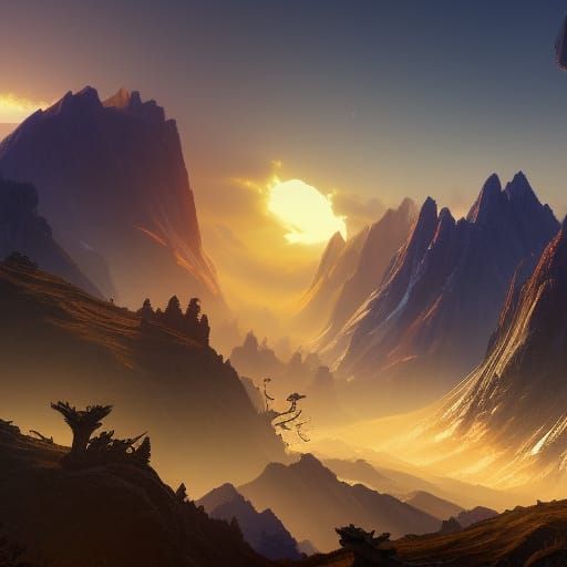 Spectacular Sunrise Over Mountain Range in Detailed Matte Pa...