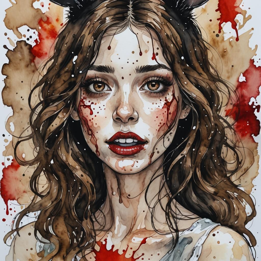 Watercolor Ink Drawing of Woman with Bunny Features