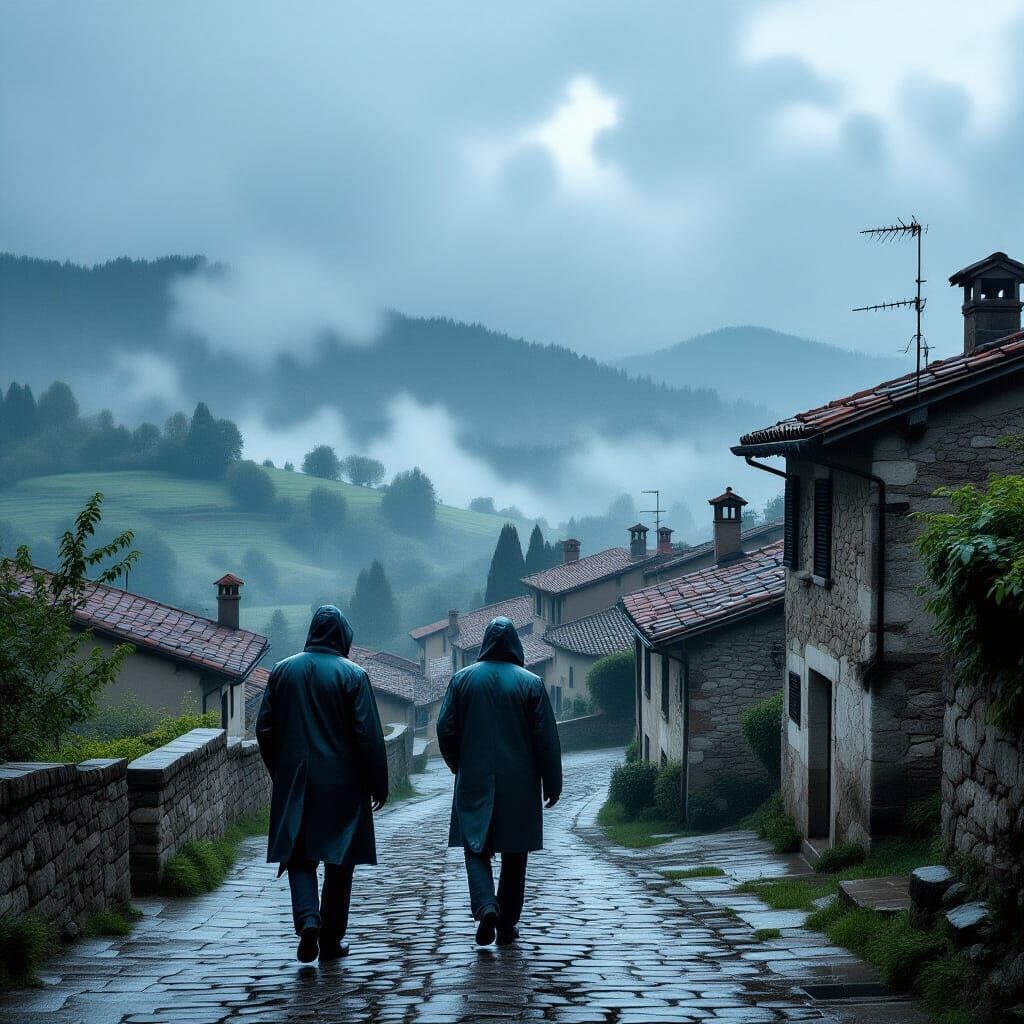 Rainy Village Scene in Hyperrealistic Style