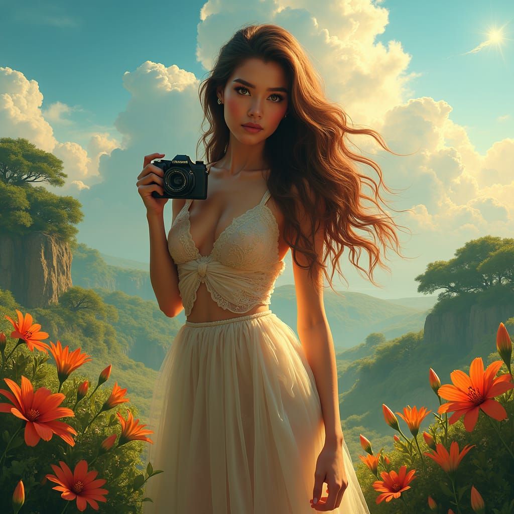 Woman Photographer in Dreamlike Landscape, Trending on Artst...