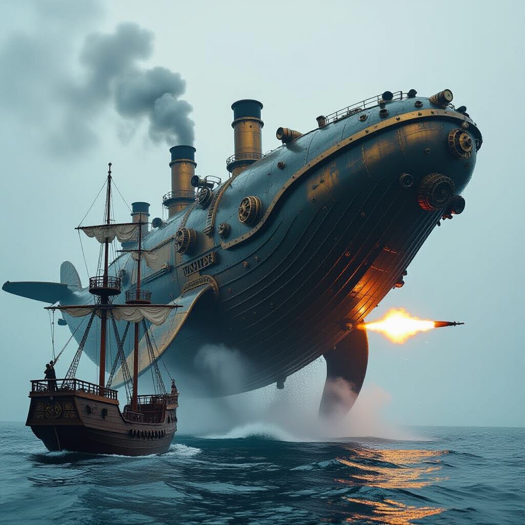 Steampunk Whale Devours Sailing Ship in Cinematic Masterpiec...