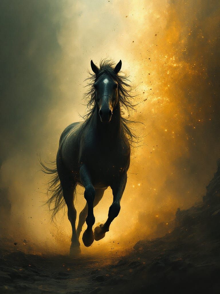 Black Stallion Runs Through Golden Storm