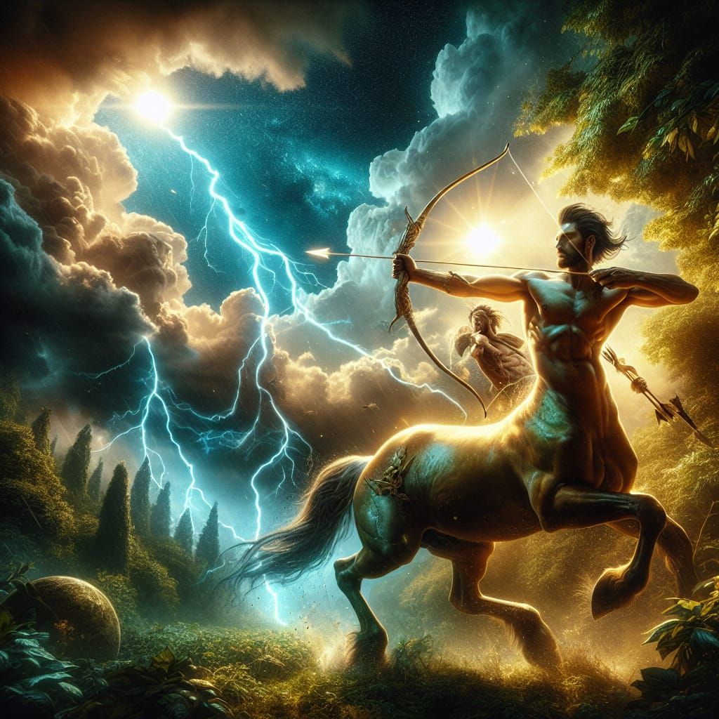 Centaur Archer in Storm with Golden Aura