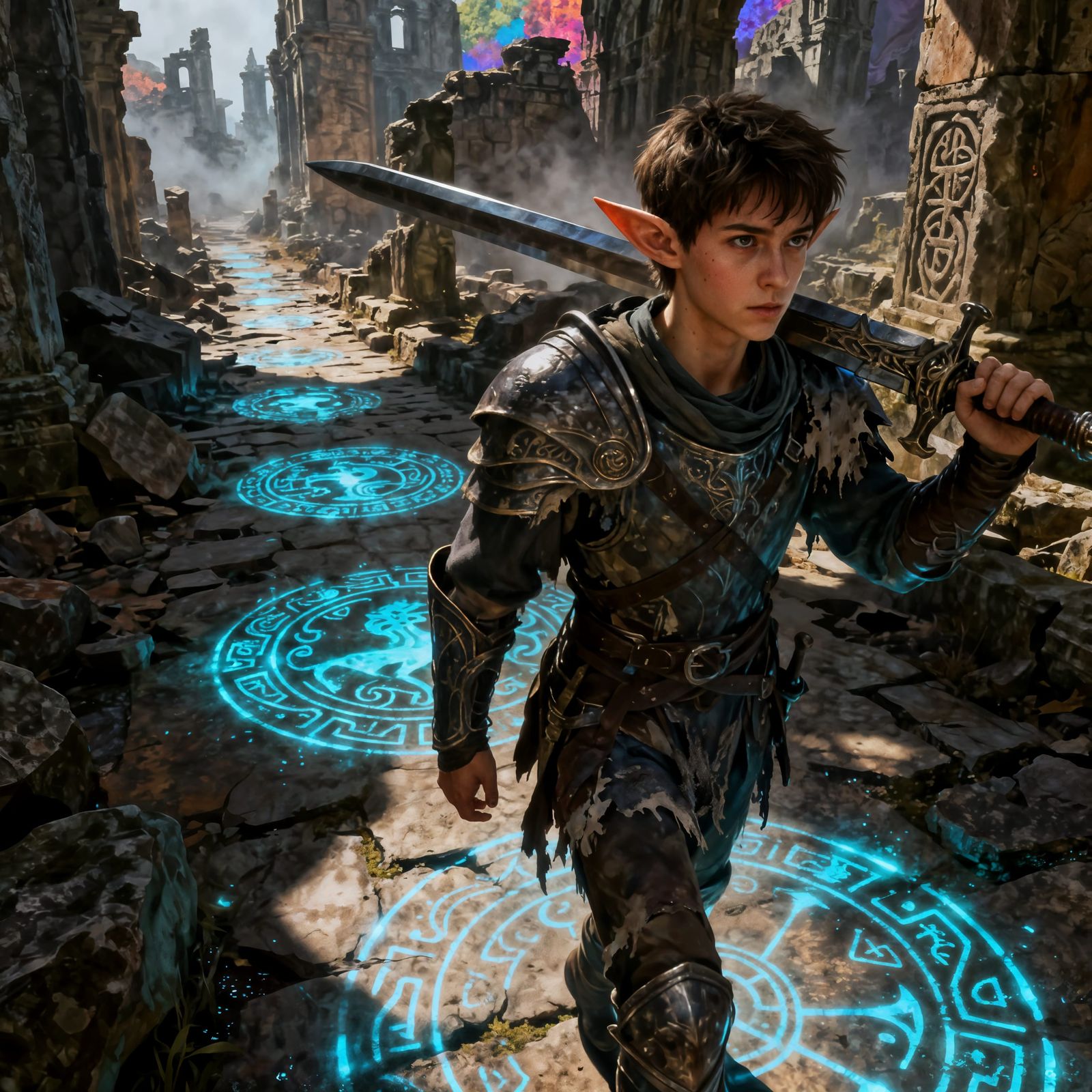 Young Elf Carries Fallen Hero Through Enchanted Ruins