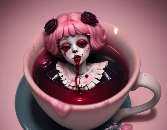 Macabre Pastel Doll Drowning in Grenadine