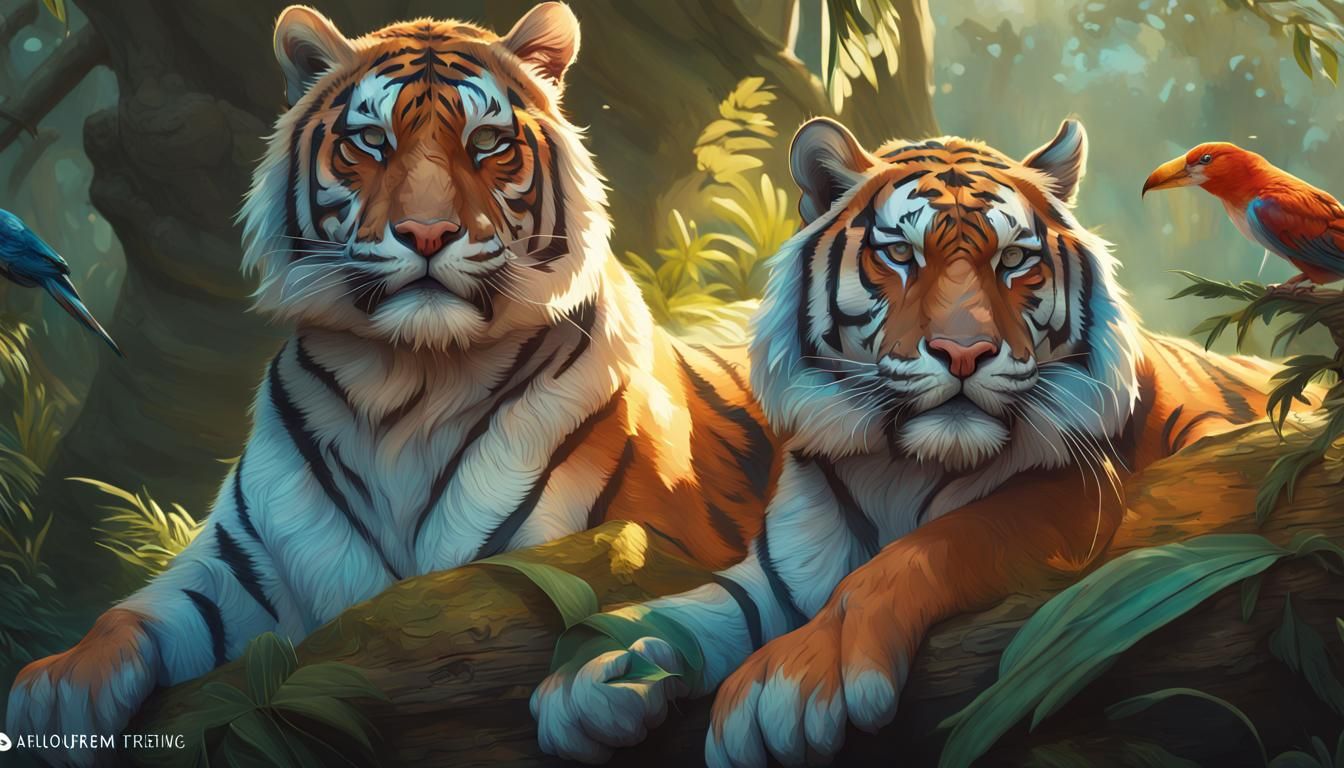 Tigers in Jungle with Tropical Birds, Splash Art