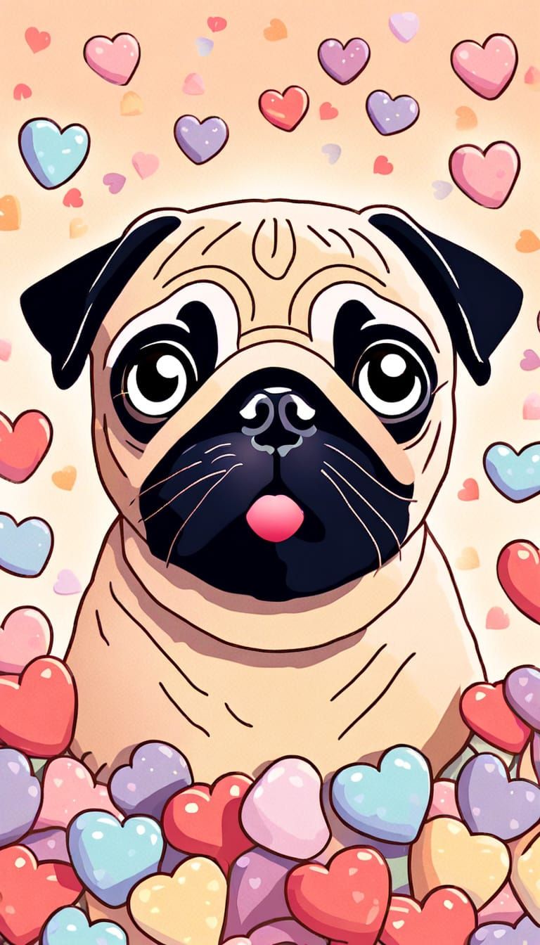 Pug in a Whimsical Conversation Heart Wonderland