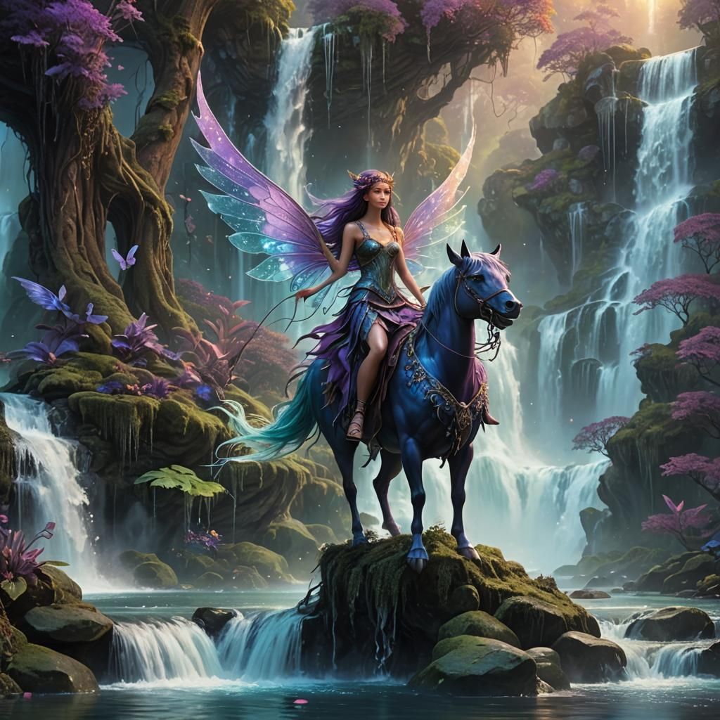 Fairy Riding Kelpie Through Misty Waterfalls