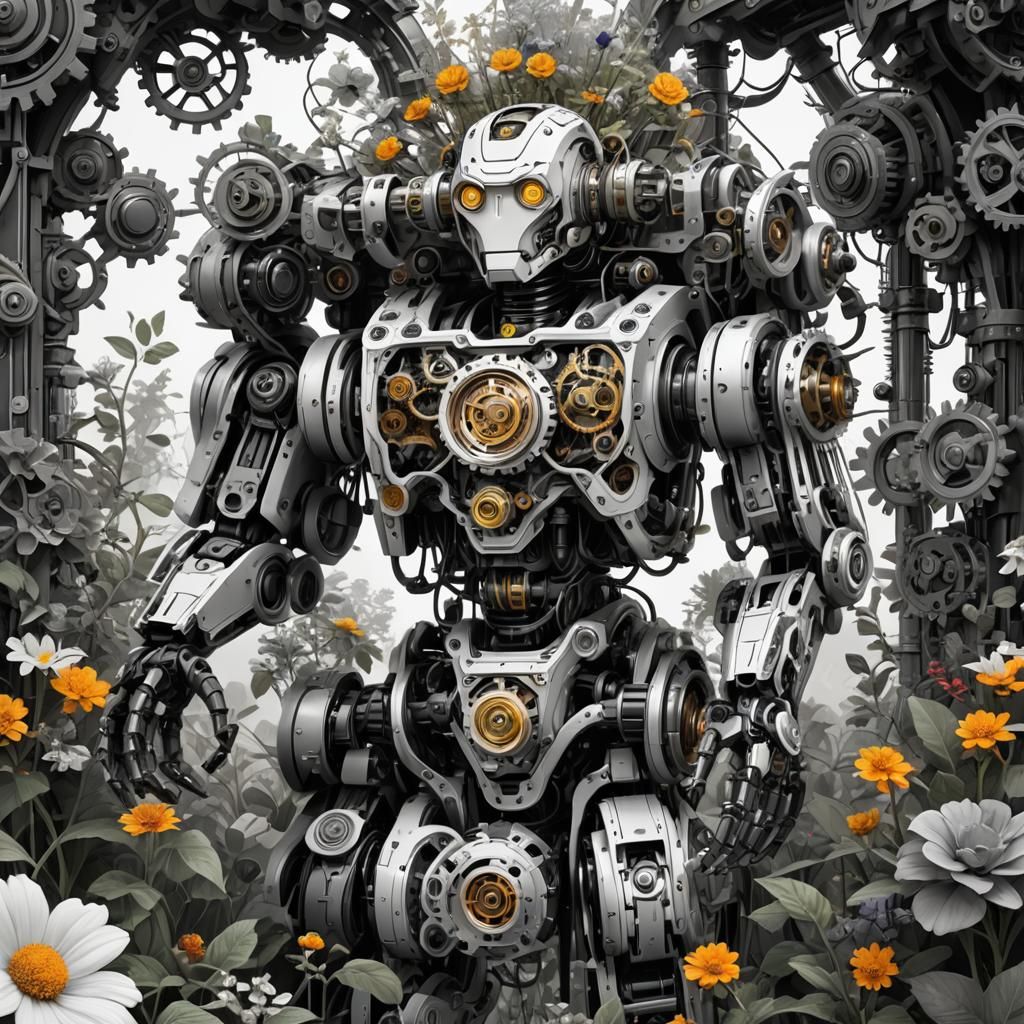 Robot in Mechanical Flower Garden, Clip-Art Style