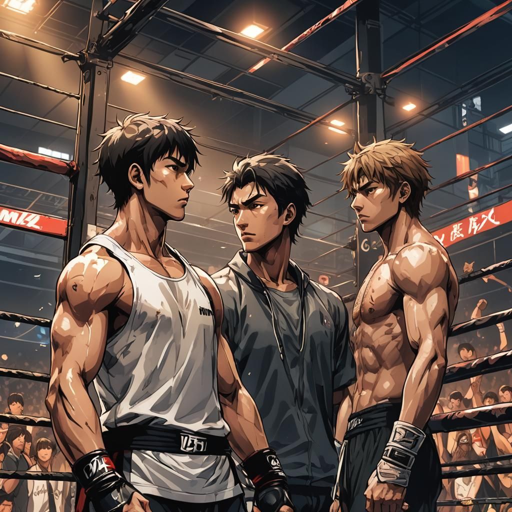 Two Young Fighters in MMA Cage, Anime Style