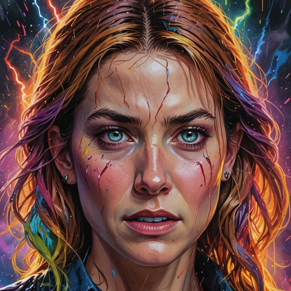 Hyperrealistic Portrait with Rainbow Lightning Effects