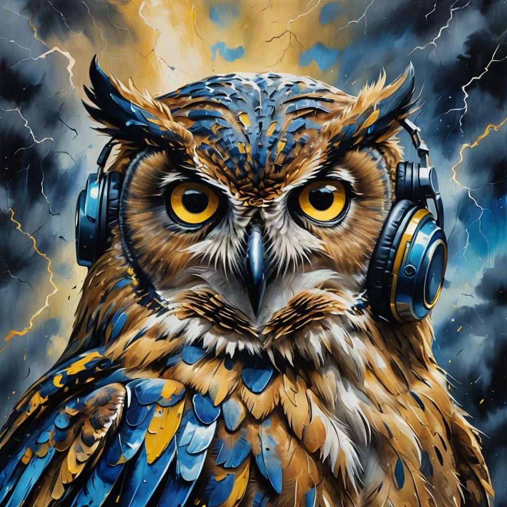 Owl with Headphones in Impressionist Gouache Style