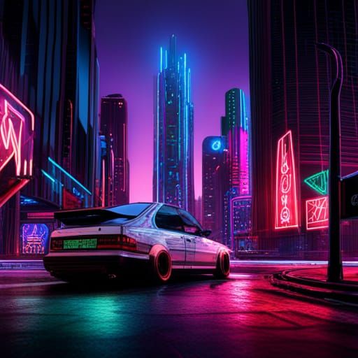 Cyberpunk SAAB 900 in Neon Cityscape
