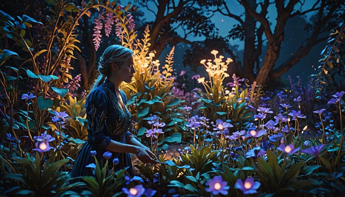 Bioluminescent Botanist in Ethereal Glowing Garden