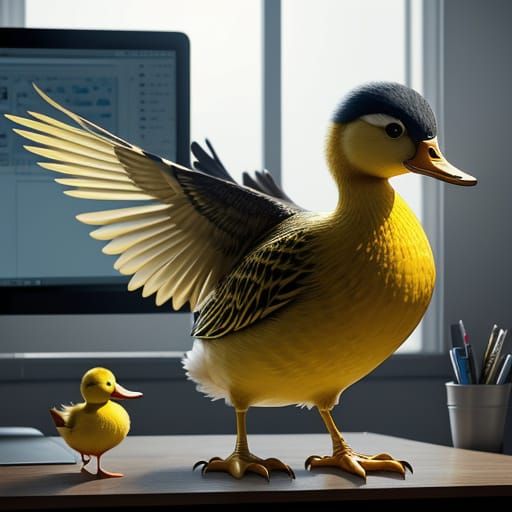 Bright Yellow Duckling in Office Setting, Pixar Style