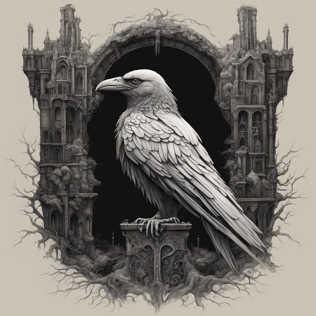 Brass Clockwork Crow on Gargoyle Overlooking Gothic City