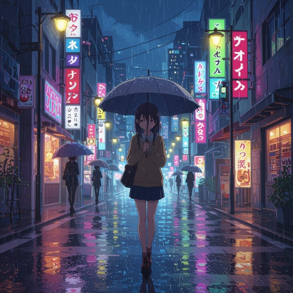 Anime Girl Walking in Rainy City Street