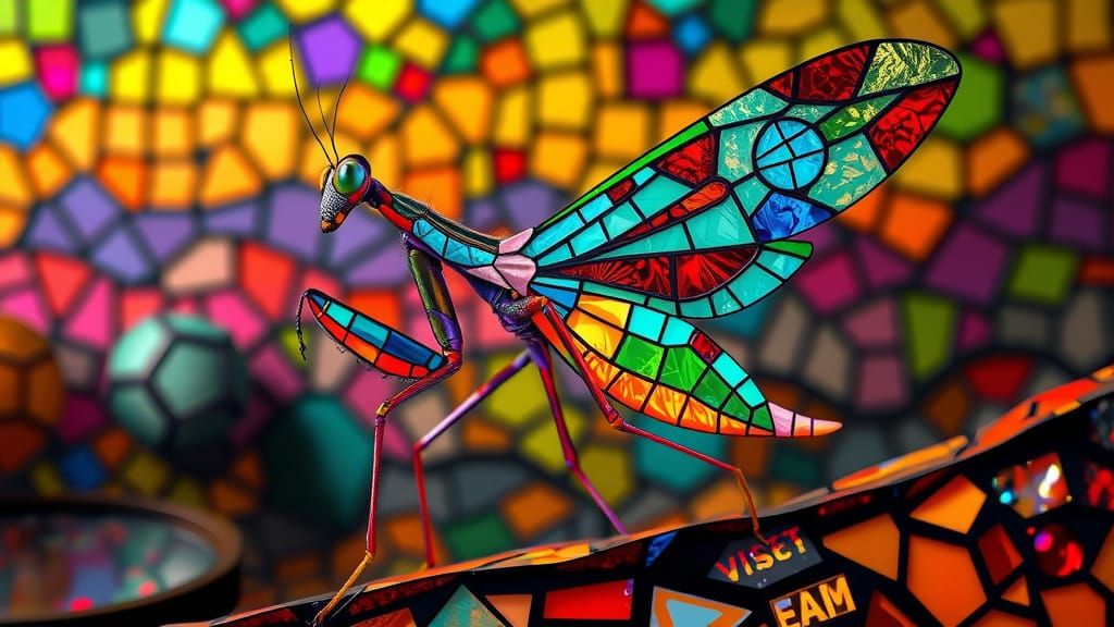 Hyperrealistic Glass Mosaic Praying Mantis in Mid-Shot
