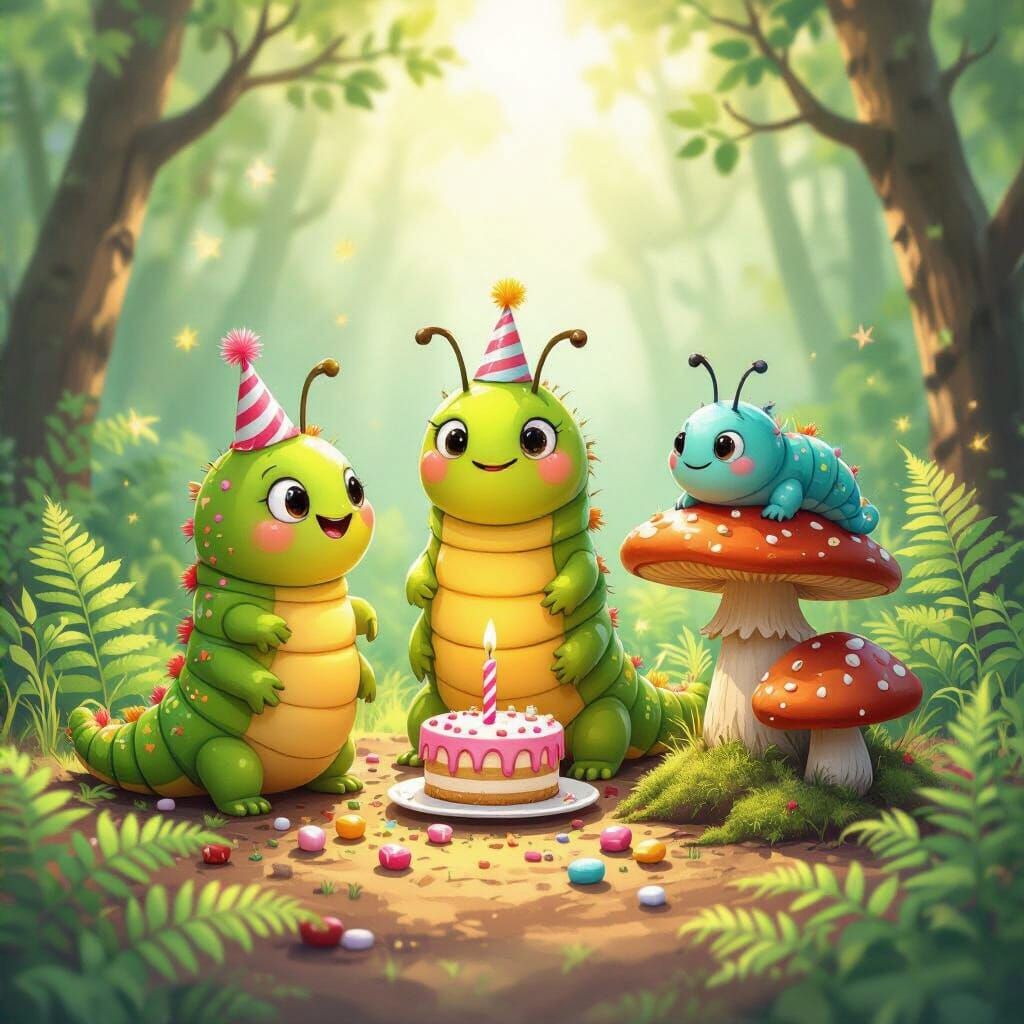 Whimsical Caterpillars Celebrate in Candyland, Digital Illus...