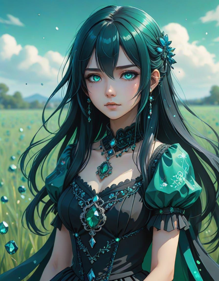 Ethereal Emerald Gothic Princess in Anime Style