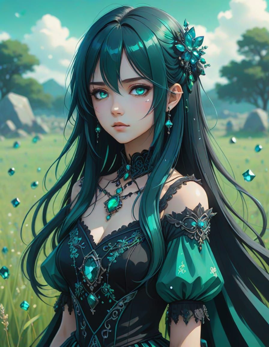 Anime Portrait of a Melancholic Woman in a Field of Emerald ...