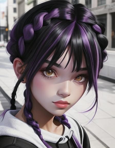 Cartoon Girl with Braids and Purple Highlights