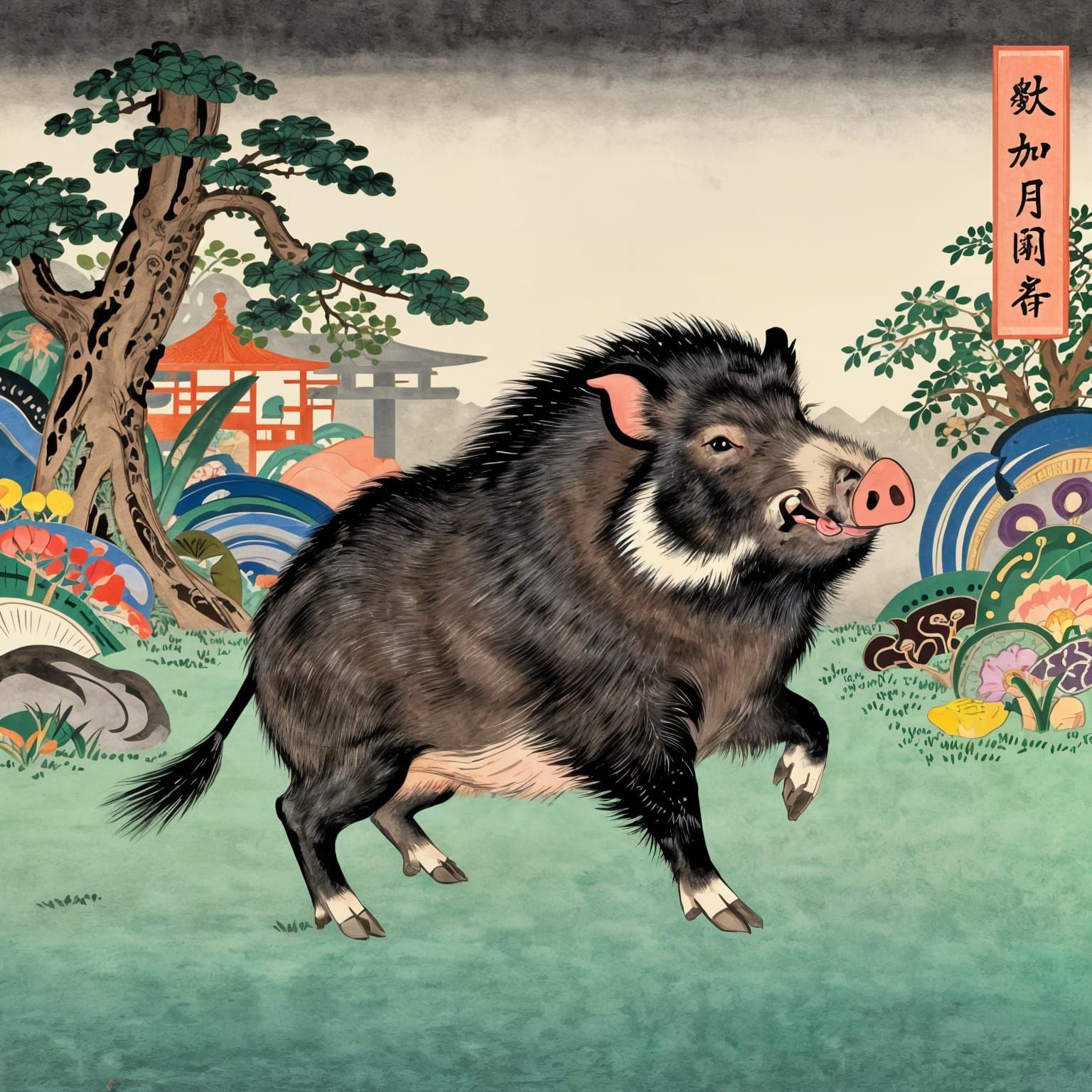 Grand Asian Wild Boar Dancing in Japanese Garden Ukiyo-e Sty...