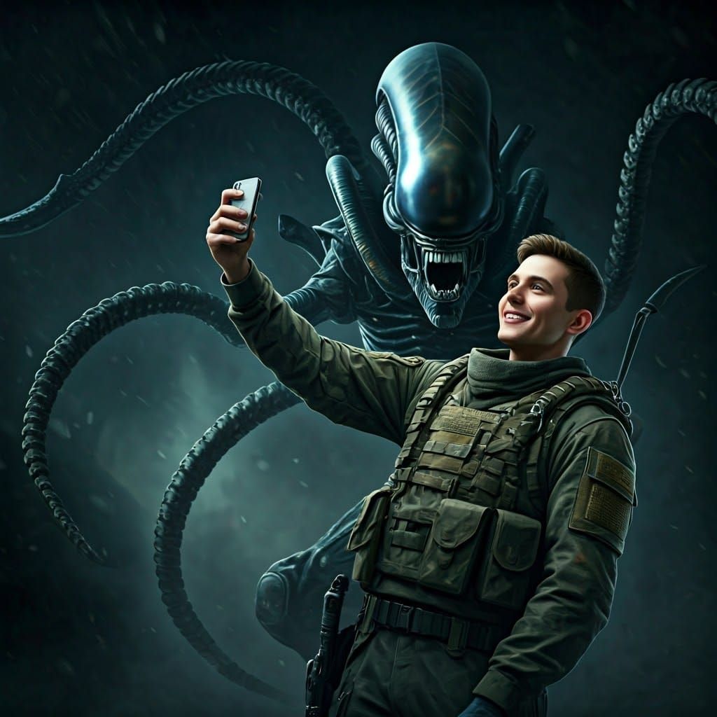 Confident Man Selfies With Alien Menace