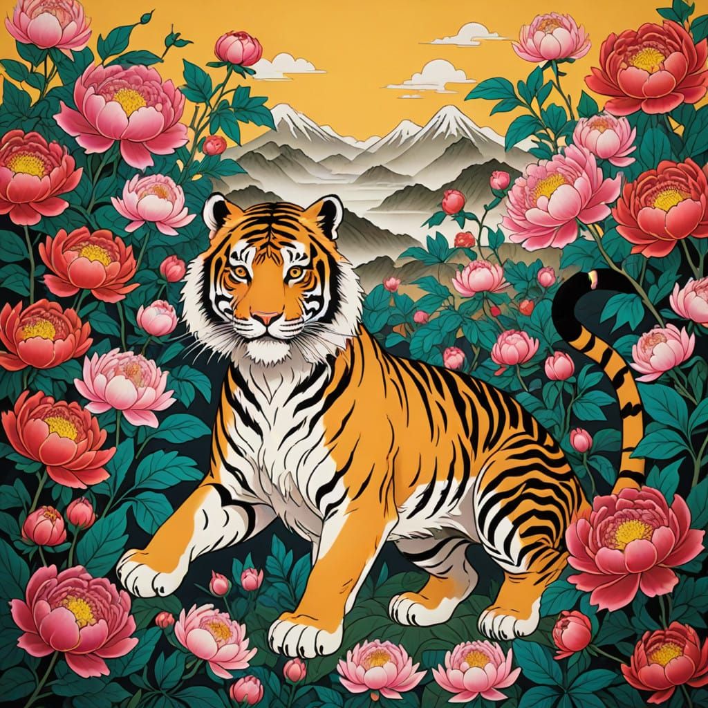 Korean Folk Art Tigers in Vibrant Minhwa Style