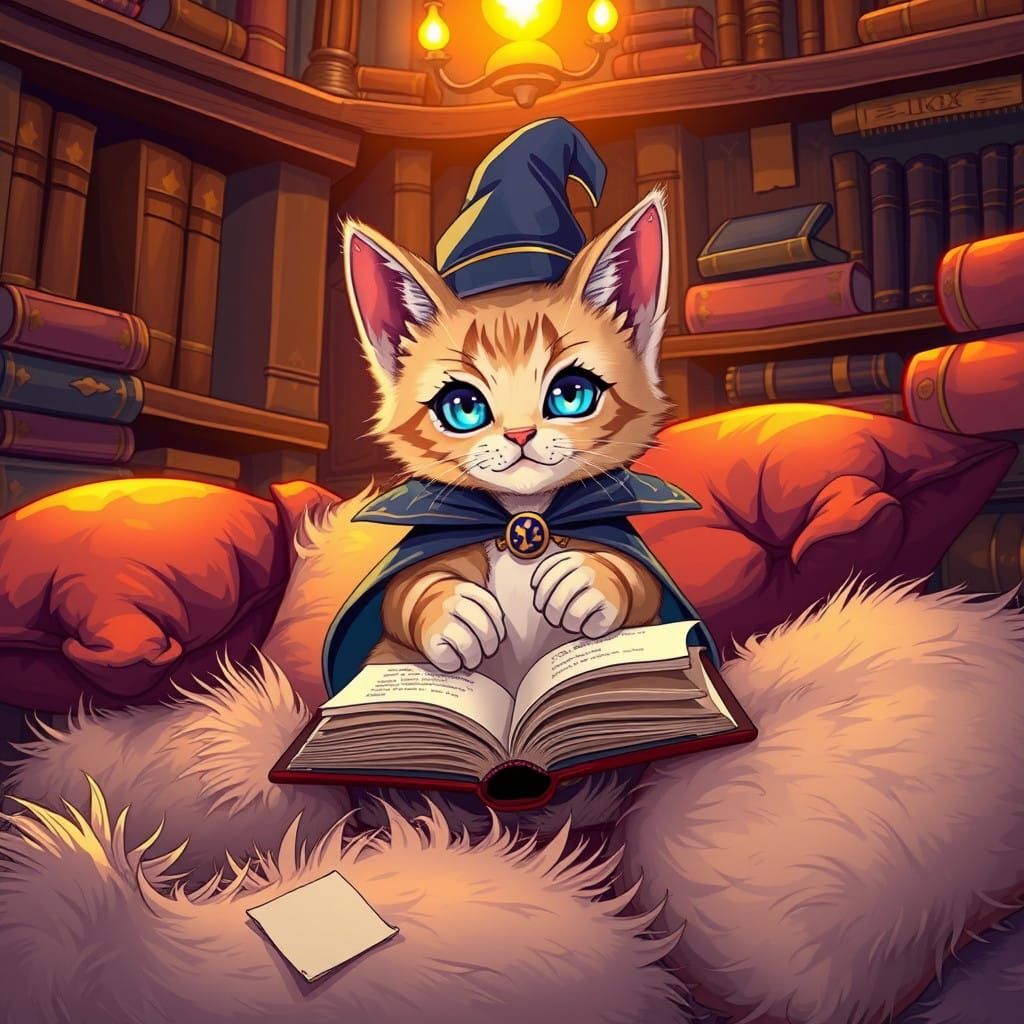 Whimsical Kitten Mage in a Vibrant Library Scene