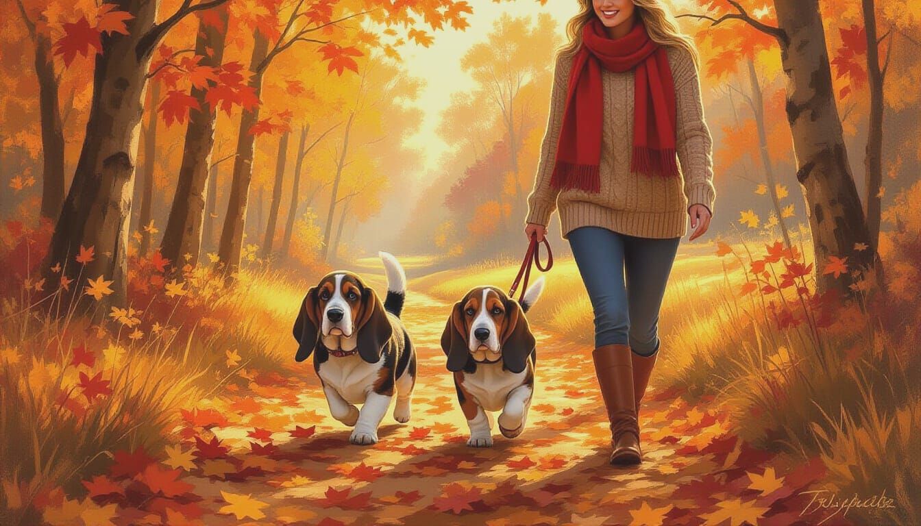Autumn Basset Hound Stroll in Golden Forest
