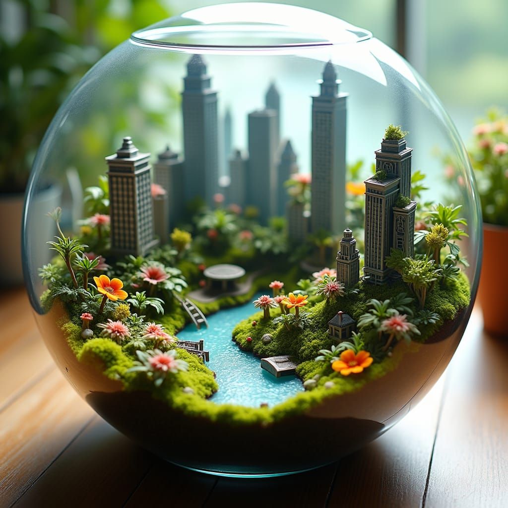 Miniature Cityscape in Terrarium, Hyper-Realistic Diorama