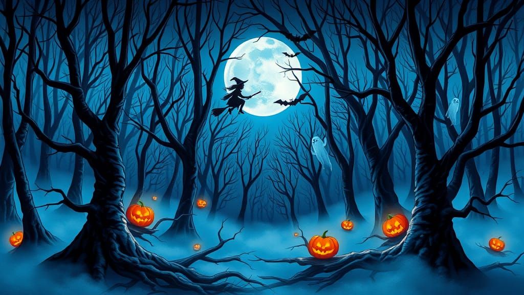 Mystical Halloween Forest in Holographic Astral Style