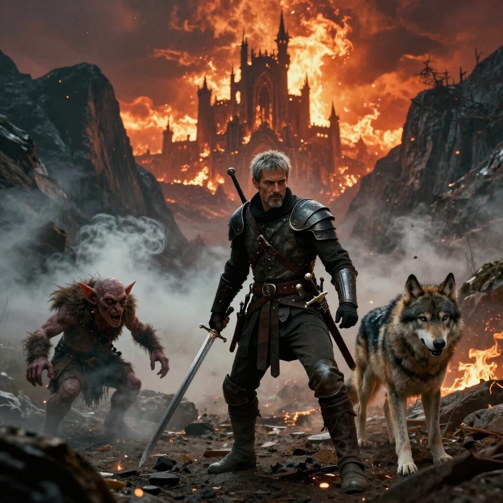 Rogue and Wolf Battle Goblins Near Burning Castle