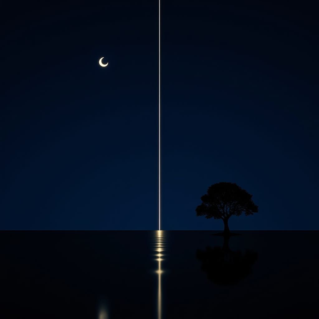Minimalist Zen Tree Over Indigo Night Sky and Calm Ocean