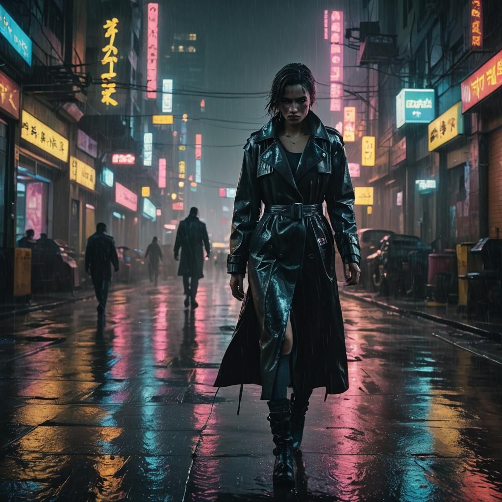 Cyberpunk Woman Walking in Rainy Neon City