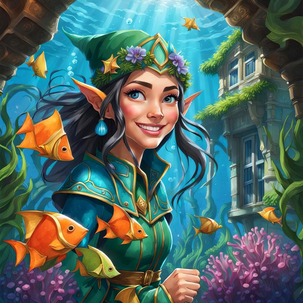 Beautiful Cyan Mer-Elf in Underwater Elven Village