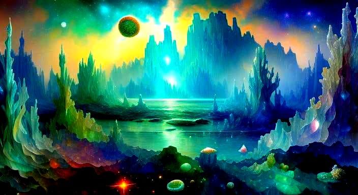 Nebula Shores with Crystals in Art Nouveau Style