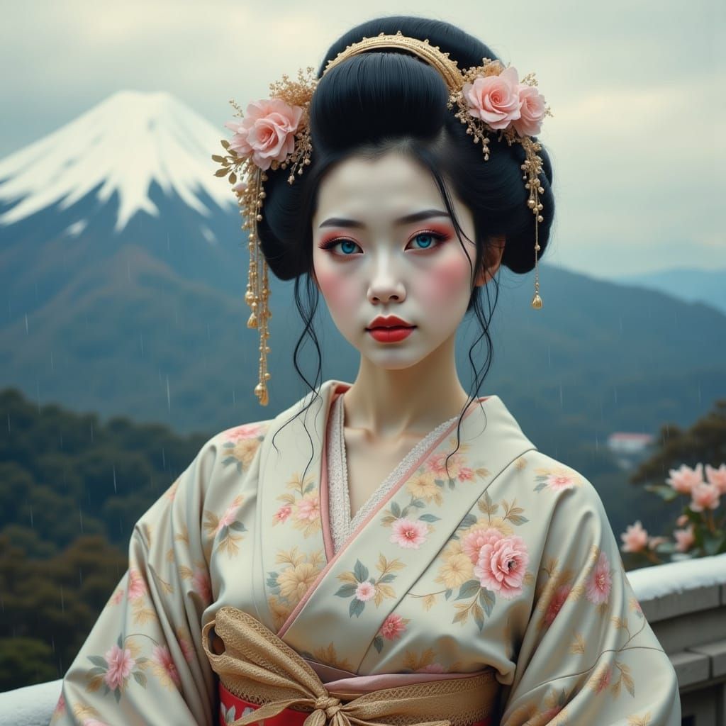 Geisha with Sapphire Eyes in Rococo-Pre-Raphaelite Style