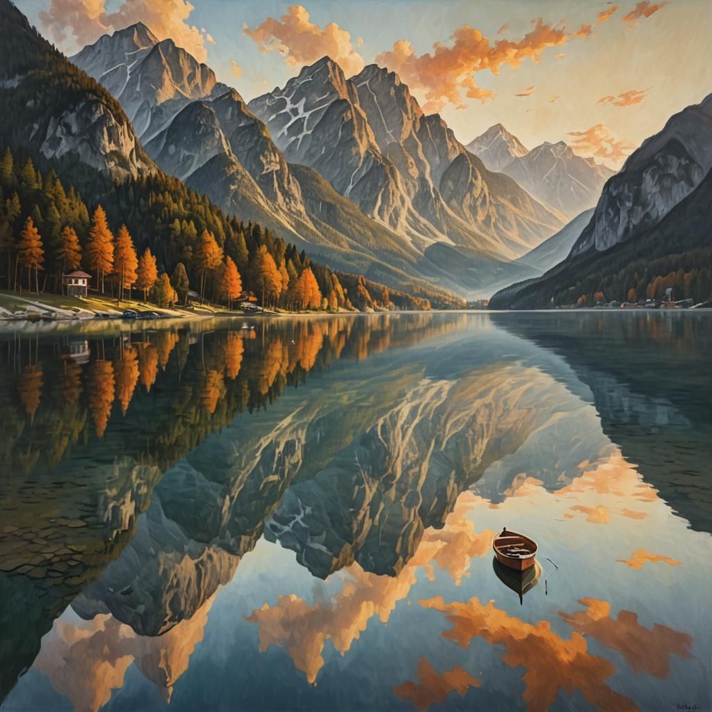Lago di Predil Sunset: Surrealist Oil Painting