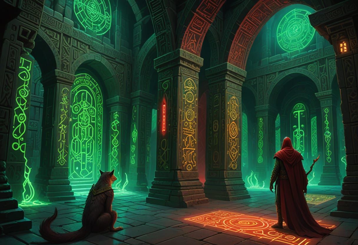 Mysterious Temple Guardian in Ancient Red Gold Green Design