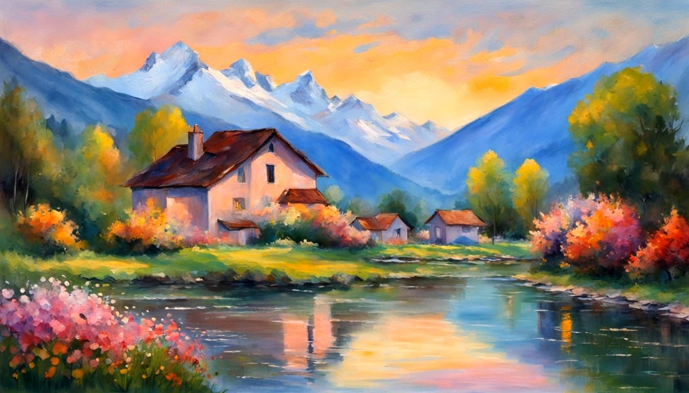 Idyllic Alpine Village at Dawn in Monet Style