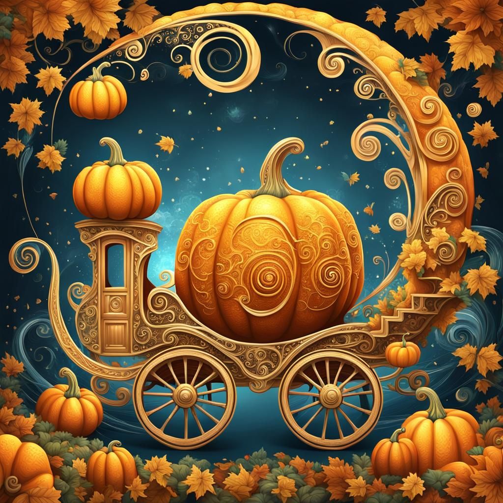 Golden Pumpkin Carriage Pulled by Snails: Kinkade Style