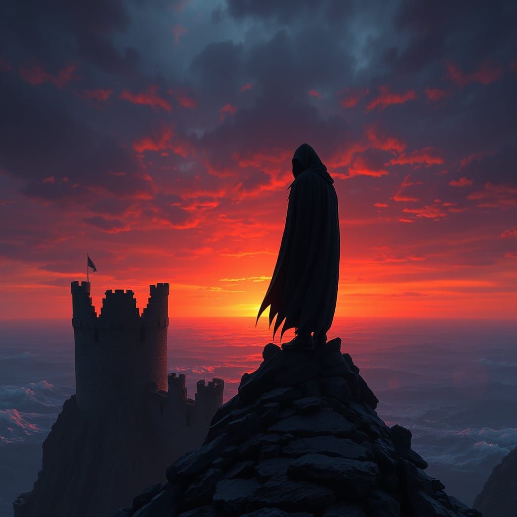 Dark Fantasy Figure Overlooks Stormy Sea at Sunset